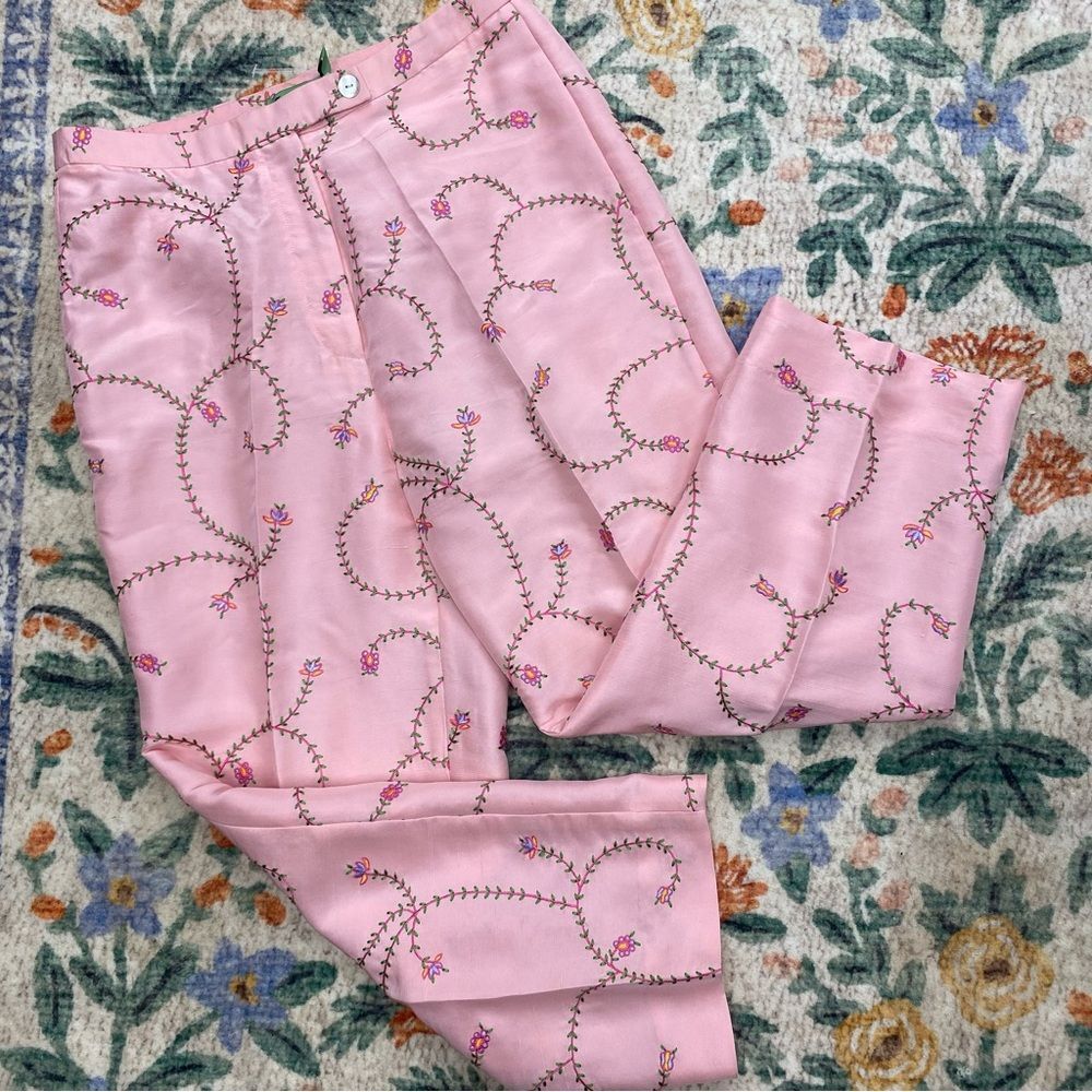 Tibi pink green floral 100% silk High Waisted pants embroidered size 8